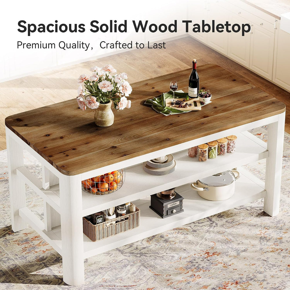 63" Solid Wood Kitchen Island with Storage Shelves, White & Brown