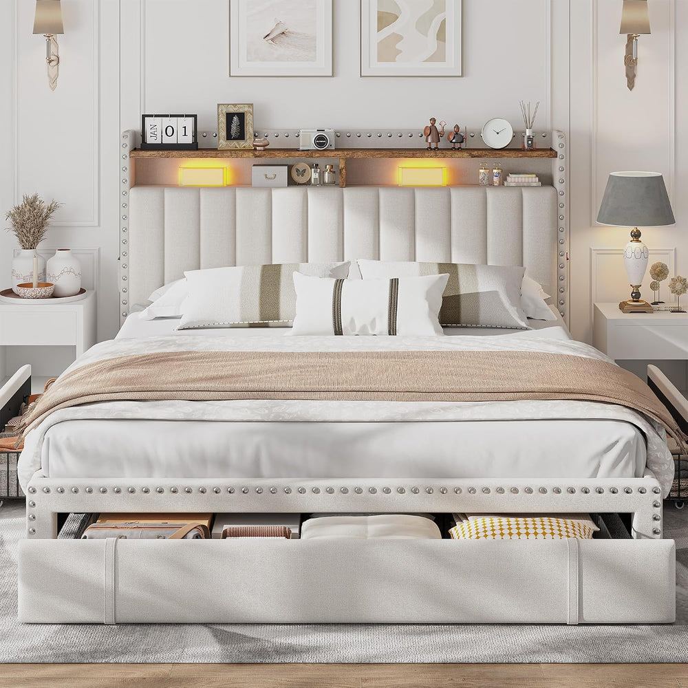EnHomee Queen Bed Frame with 3 Storage Drawers & Headboard,Upholstered