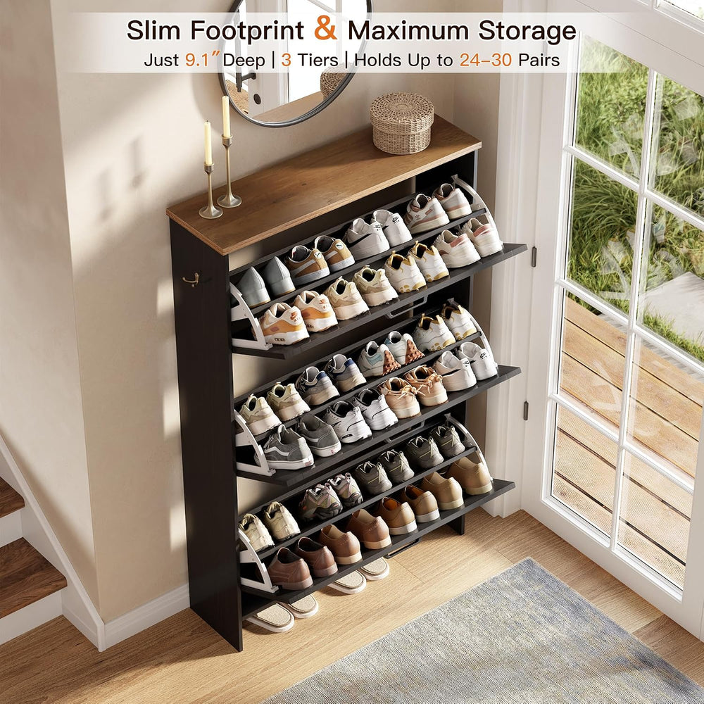 Nicetree Shoe Storage Organizer with 3 Flip Drawers, Freestanding Fluted Acce...