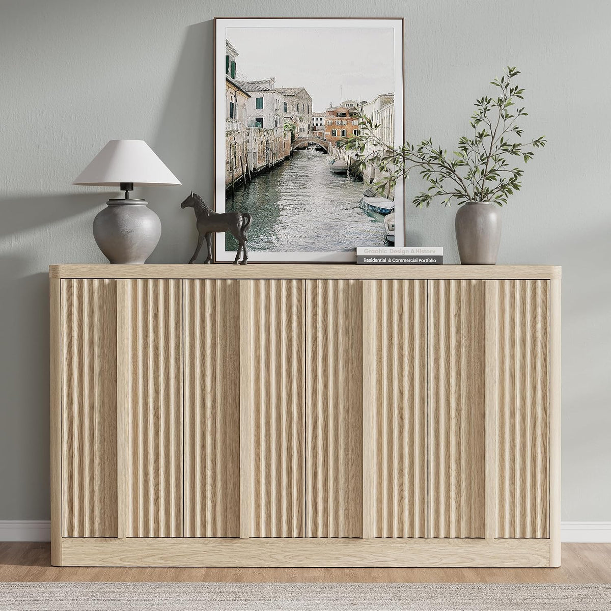 Fluted Buffet Cabinet with Storage, 60" Sideboard Buffet Storage Cabinet with 4 Doors & Adjustable Shelves, Wood Coffee Bar Credenza Storage Cabinet for Kitchen, Living Room, Natural Oak(1PCS)