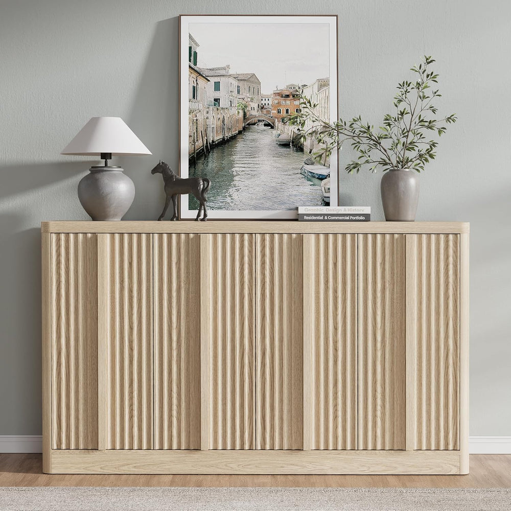 60" Fluted Sideboard Buffet Cabinet with Solid Wood Handles, Natural(1PC)