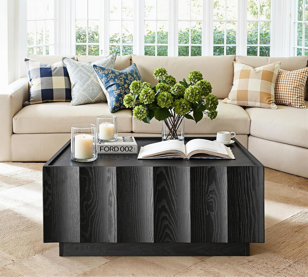 win2win Square Coffee Table with Storage, Wave Design, Black