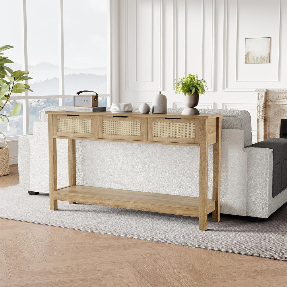 Luoxiao Rattan Console Table 3-Drawer 47" Narrow Wood Entryway Sofa Table