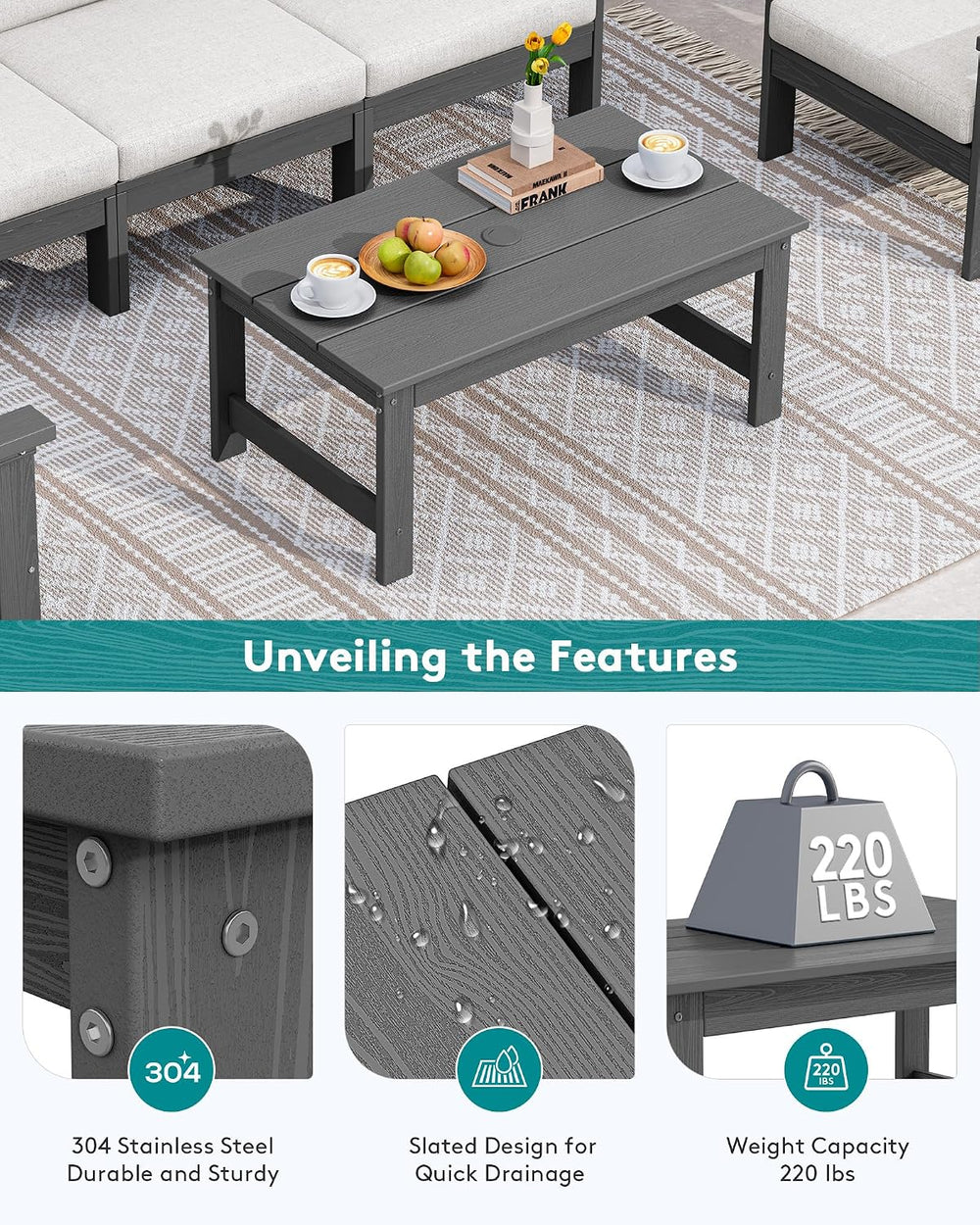 SERWALL HDPE Patio Coffee Table, Rectangle Outdoor Coffee Table, All-Weather ...