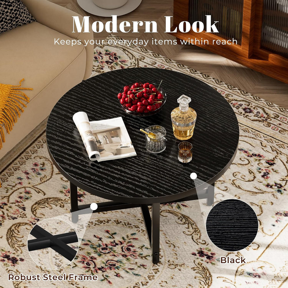 Round Coffee Table, Small Coffee Tables for Living Room, Black Coffee Table