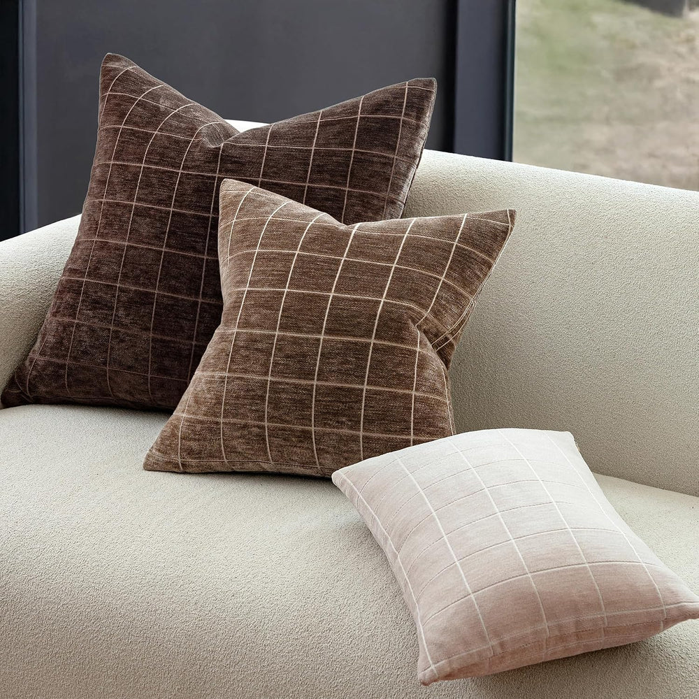 Decorative Chenille Plaid Fall Throw Pillow Covers Brown 24x24 Set of 2