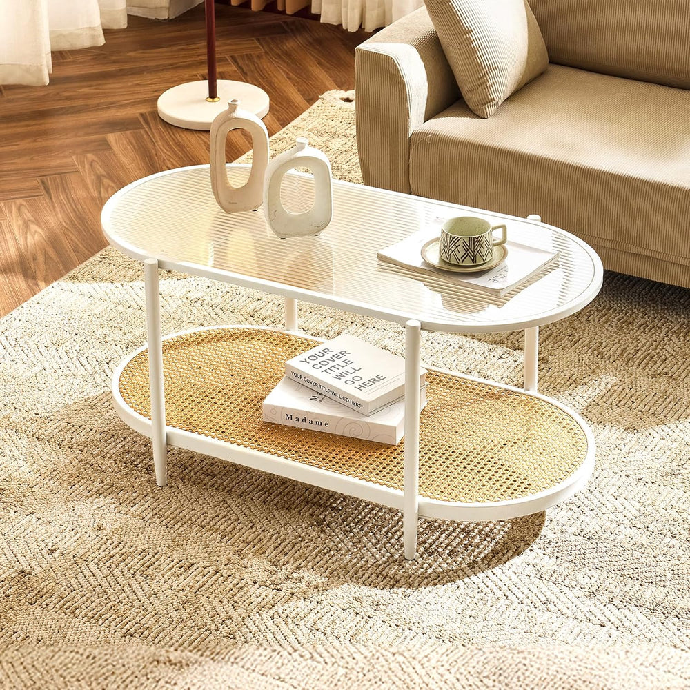 VINGLI 38" Oval Glass Coffee Table, Rattan Coffee Table, White