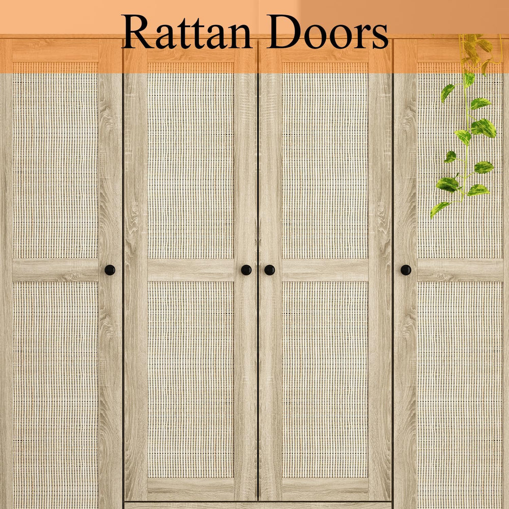 WOODTIME Rattan Armoire Wardrobe Closet with 7 Shelves, 5 Drawers & Hangi...
