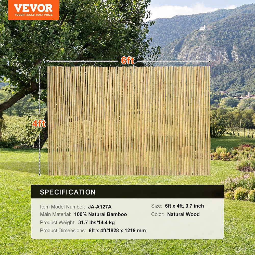 VEVOR Natural Rolled Bamboo Fence, Eco-Friendly Privacy Screen - 4 ft H x 6 f...