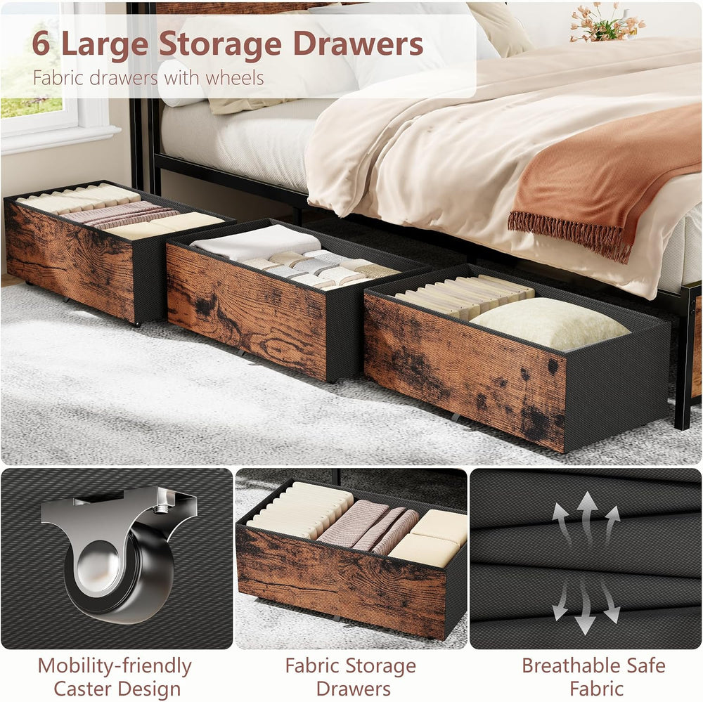 Forestell Queen Bed Frame with 2-Tier Storage Headboard & 6 Drawers