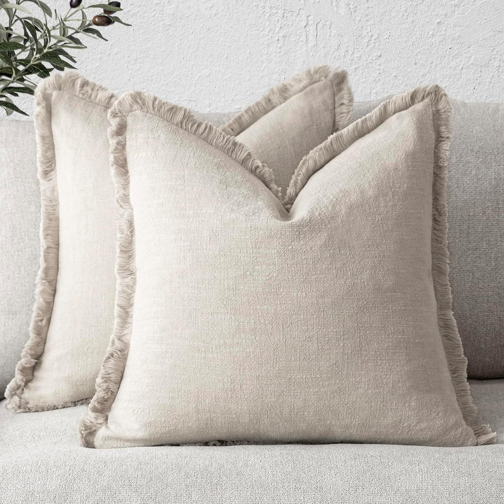 Foindtower Decorative Linen Fringe Throw Pillow Covers 24×24 Inch,Beige