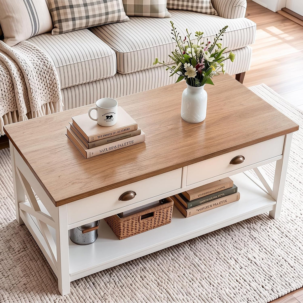 Sophia & William Farmhouse Coffee Table for Living Room with Drawers, White