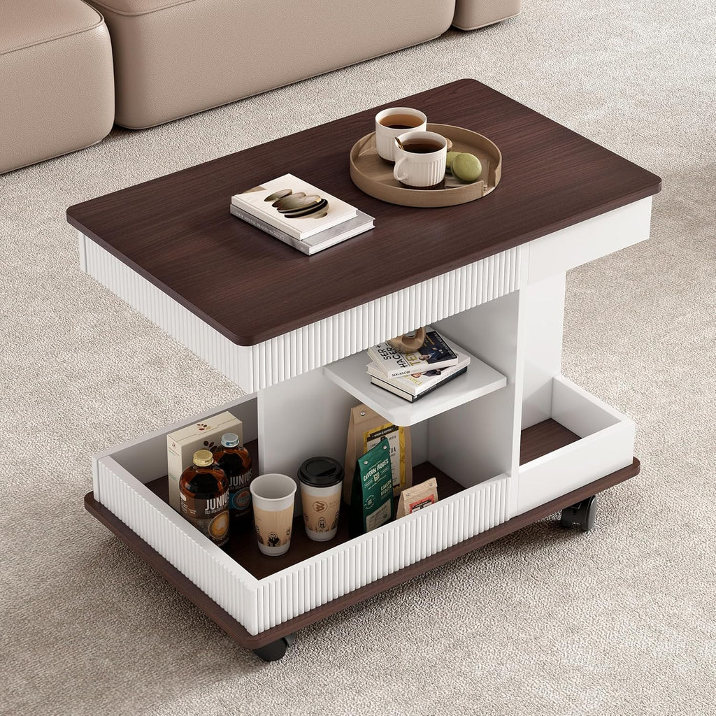 Adjustable Lift Top End Table with Wheels, Modern Multifunctional Sofa Side Table with 360 Degrees Rotating Top, Storage Space for Living Room, Small Space, Brown