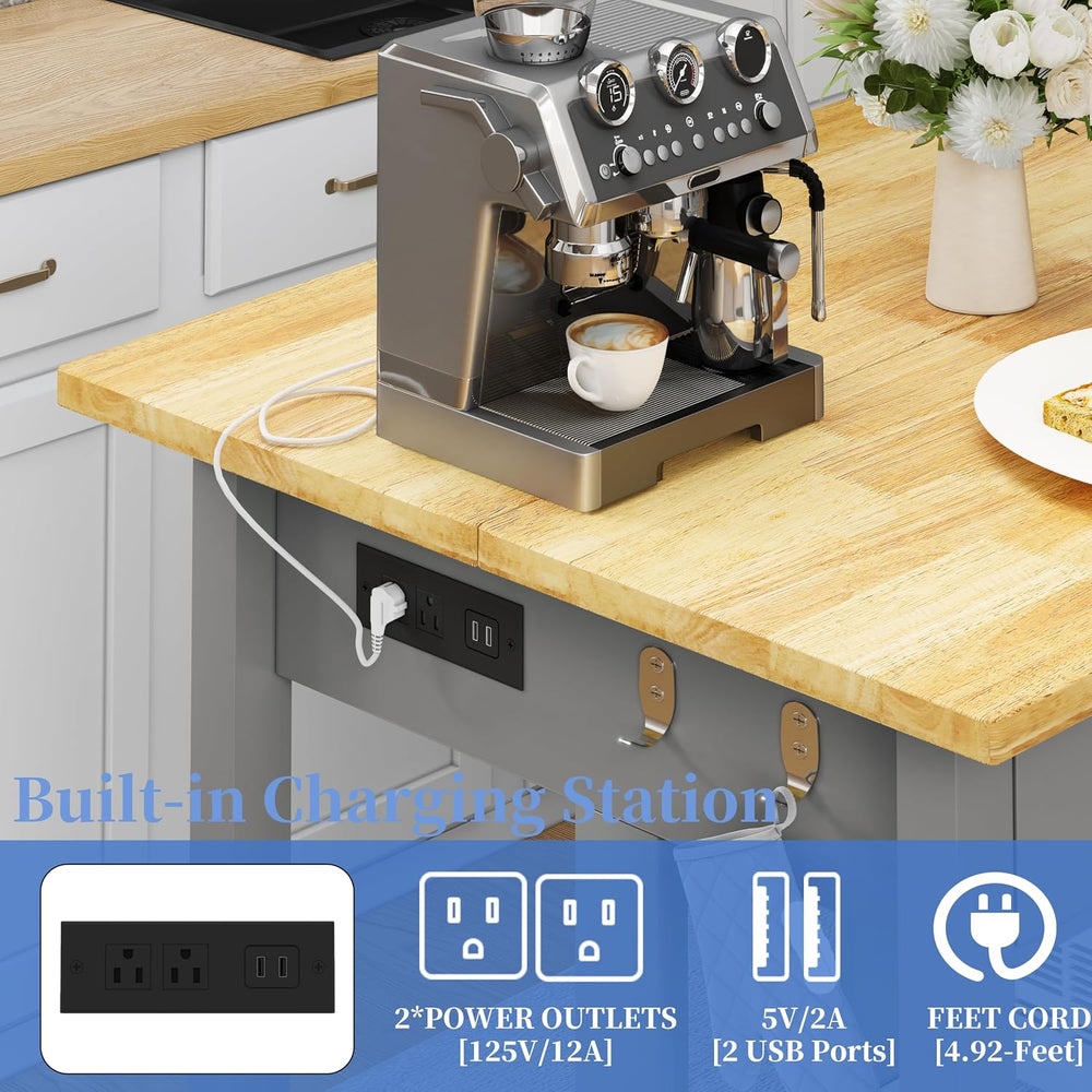 DynJest 60" Solid Rubberwood Kitchen Island with Power Outlets, Hooks, Grey