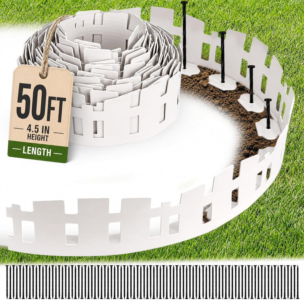 Garden Edging Border, 50ft x 4.5 in White Picket Fence with 90 Stakes