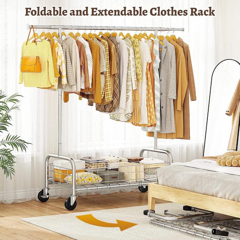Raybee heavy duty clothes rack with wheels, 485LBS, Bottom Storage Basket