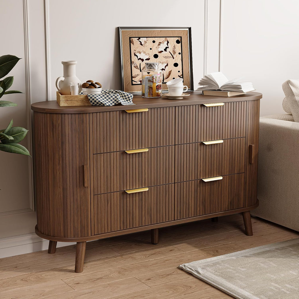 Decofy Fluted 6 Drawer Dresser, 55" Mid Century Modern Chest of Drawers