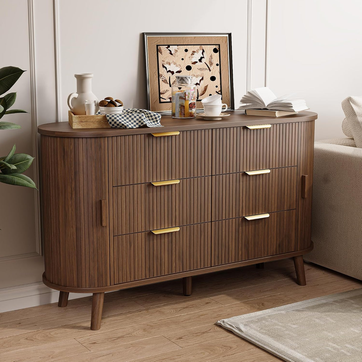 Decofy Fluted 6 Drawer Dresser, 55" Mid Century Modern Chest of Drawers