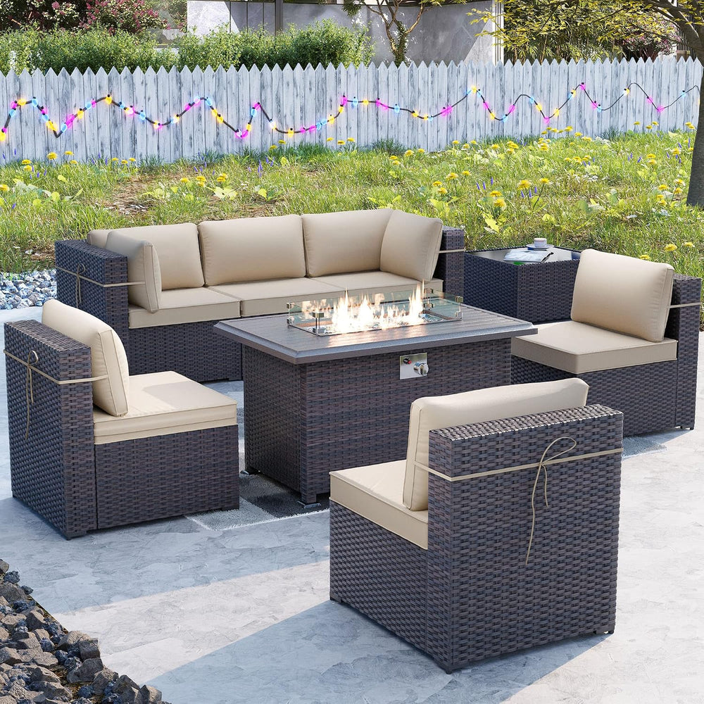 Kullavik 8 Piece Outdoor Wicker Patio Furniture Set with Fire Pit Table