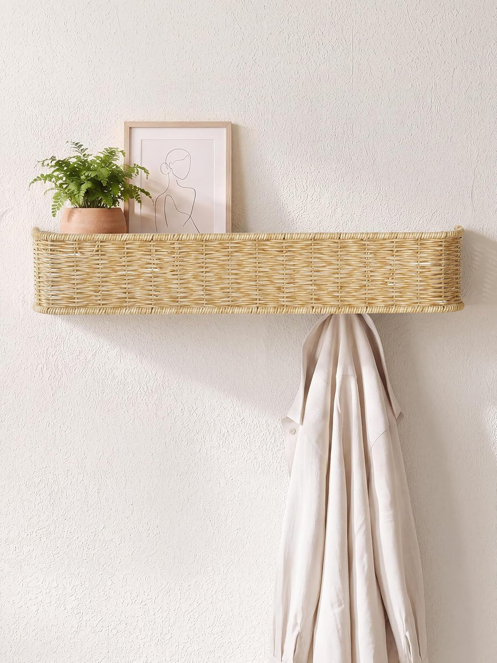 Wall Mount Coat Rack With Shelf-6 Hook Handmade Rattan Coat Rack,Natural