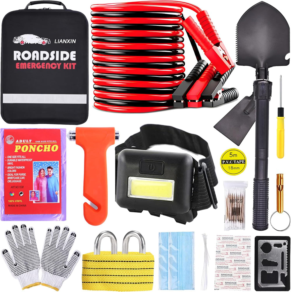 Emergency Roadside Kit for Car Auto Safety Kit with Jumper Cables Headlamp