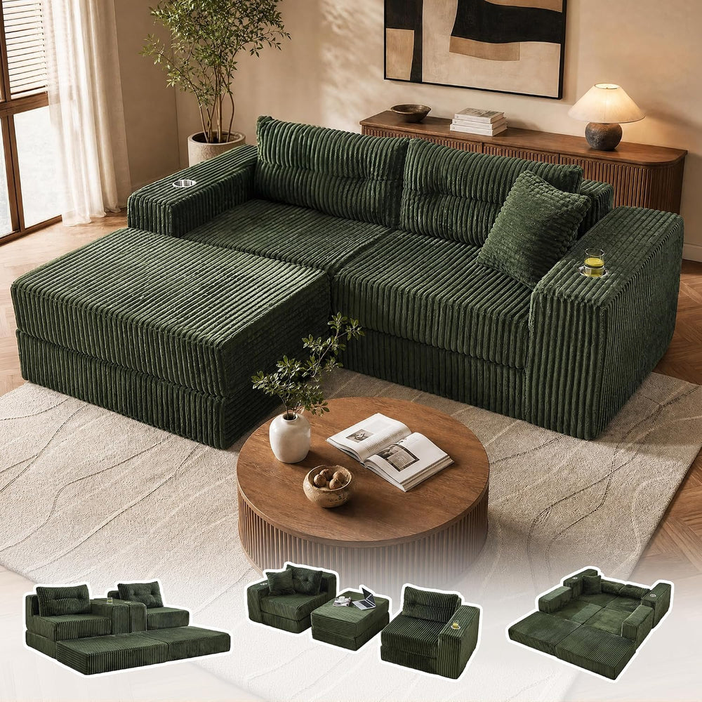 80.31“ Modular Sectional Cloud Couch, Boneless Loveseat with Ottoman, Green