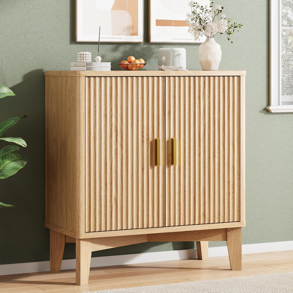 Xixini Fluted Sideboard Buffet Cabinet, 30" Wood Coffee Bar Cabinet, Oak