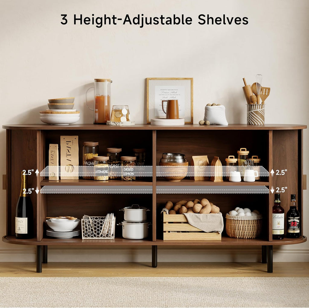 ComfyCorner 63" Fluted Buffet Sideboard Cabinet with Sliding Door, Walnut
