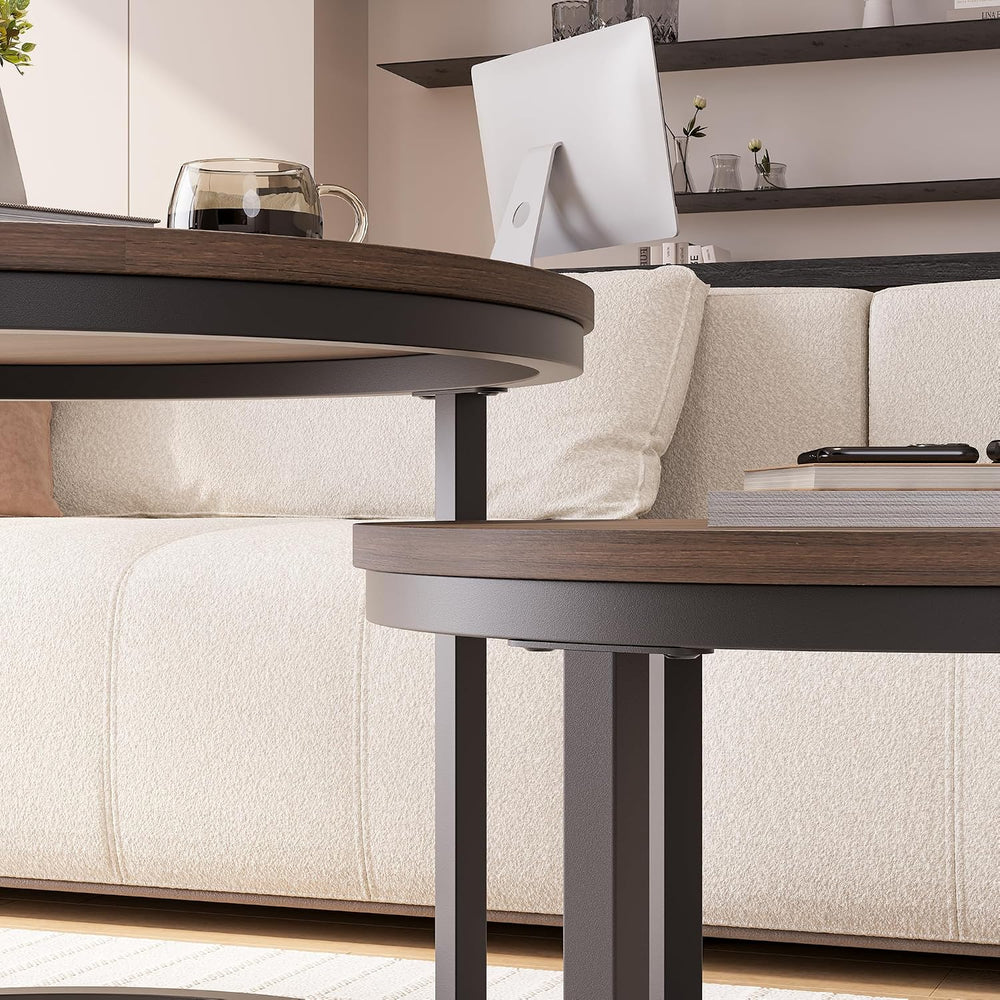 HOJINLINERO Round Nesting Coffee Table Set of 2,Walnut Coffee Table,Large