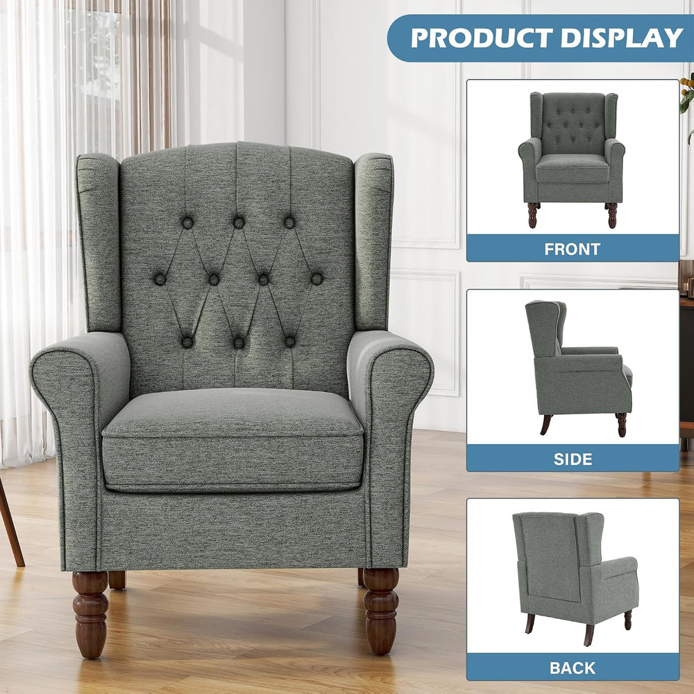 High Back Accent Chairs Set of 2, Wingback Armchair in Fabric, Gray