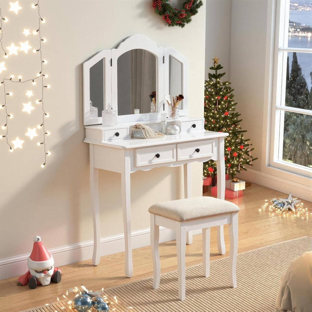 Montary Makeup Vanity Desk with 3-Panel Mirror, Wooden Vanity Dressing Table with 4 Drawers, Open Shelves & Stool Set, White