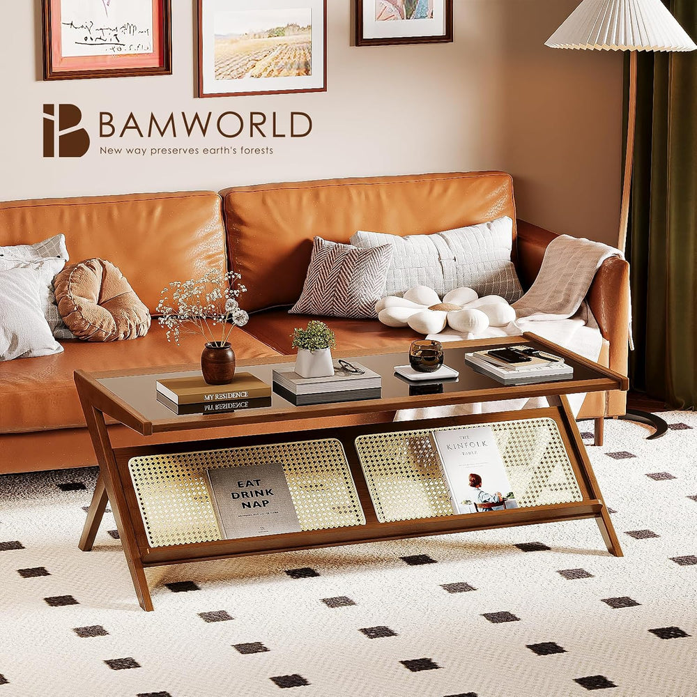 Bamworld Rattan Coffee Table with Glass Top Mid-Century Modern Center Table