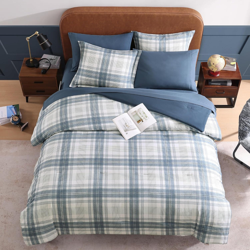 Plaid Queen Comforter Set Blue Grey 7 Pieces Farmhouse Bed in a Bag