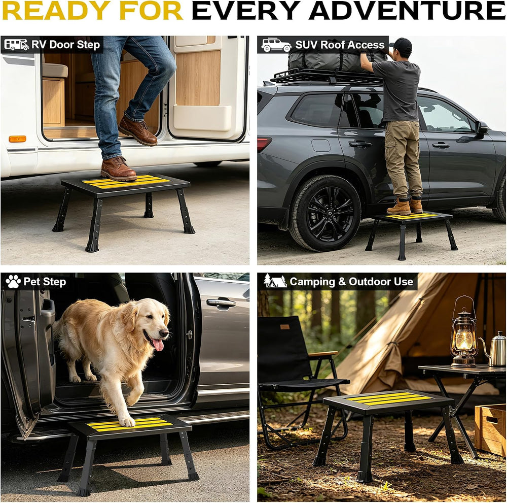 Adjustable RV Step Stool, 17" x 13" Wide Platform, Foldable Legs