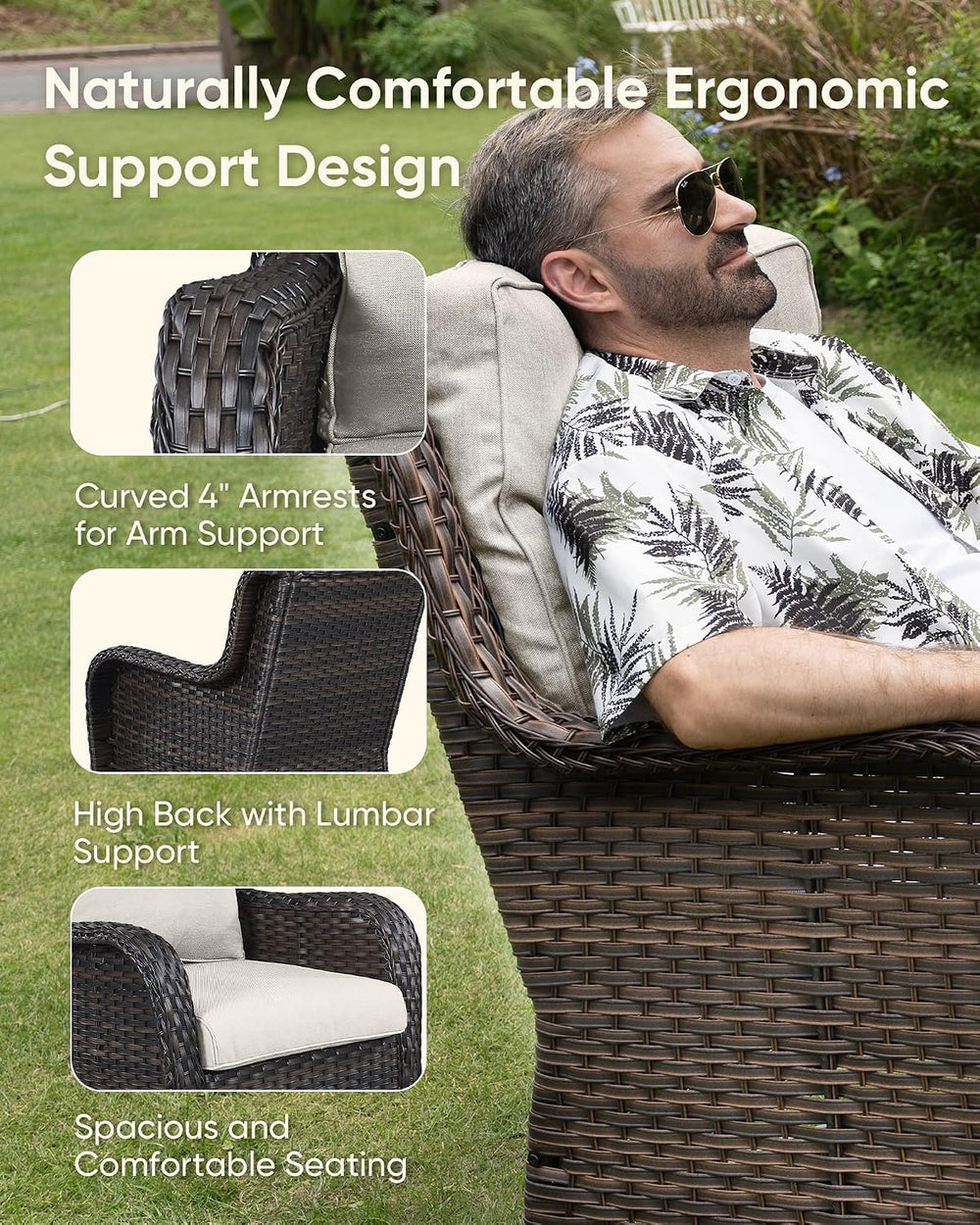 HUMMUH 4 Piece Wicker Patio Swivel Rocker & Ottoman Set, Brown/Beige