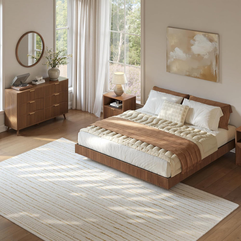 Evermagin Queen Bedroom Set, Fluted Floating Bed Frame & Nightstands,Walnut