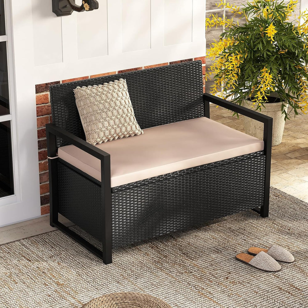 Tangkula 40 Gallon Rattan Outdoor Bench with Storage & Cushions