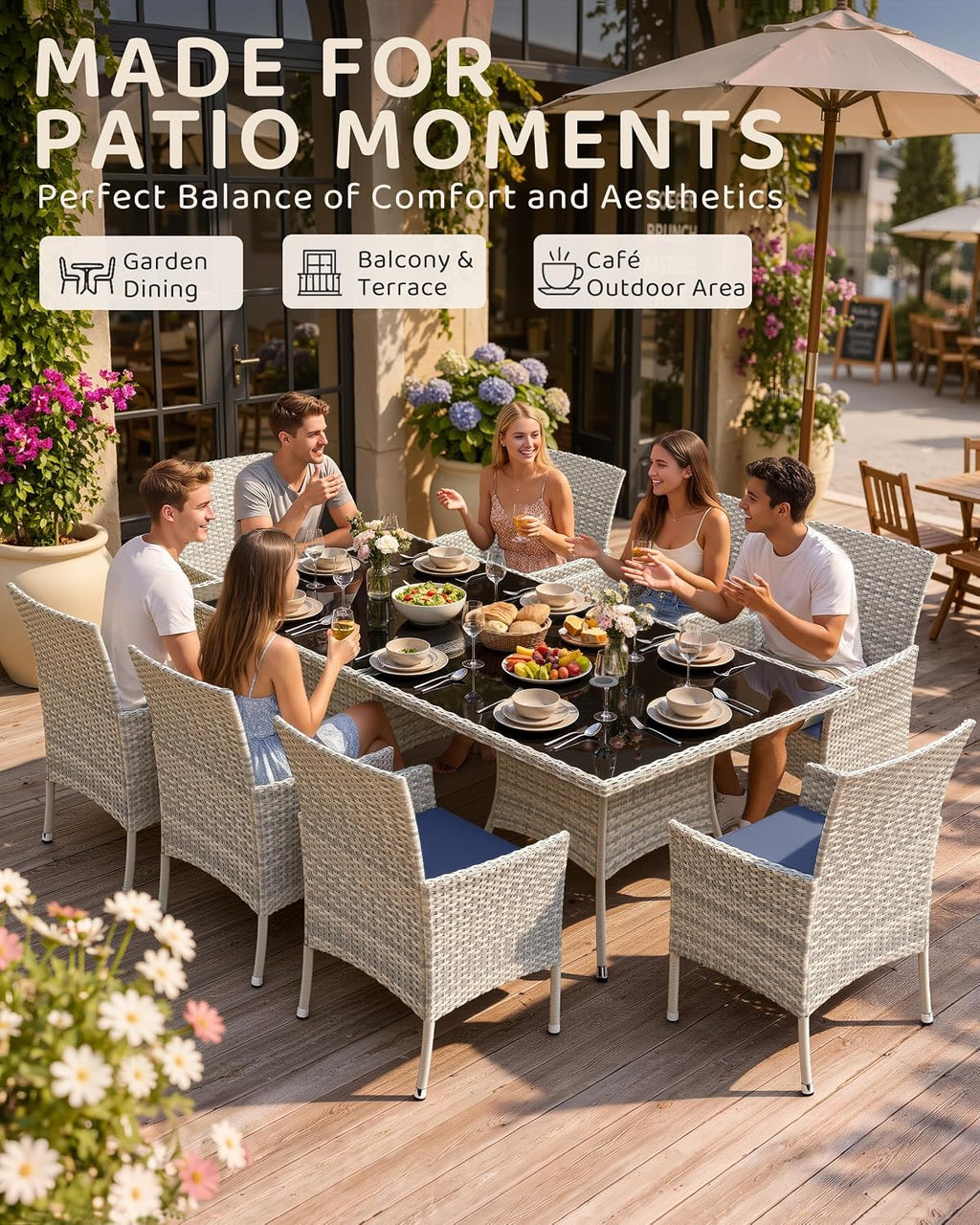 10-Piece Patio Dining Set, 2 Tempered Glass Tables & 8 Wicker Chairs