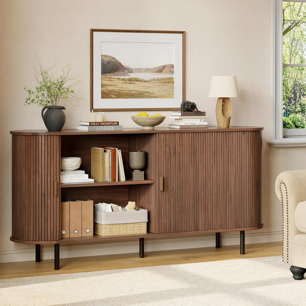 ComfyCorner 63" Fluted Buffet Sideboard Cabinet with Sliding Door, Walnut