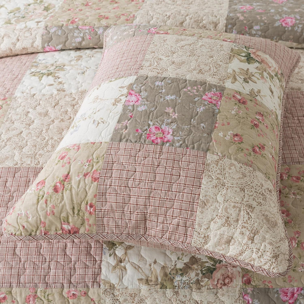 SLPR - Secret Garden Pink Patchwork Cotton Quilt Set, King with 2 Shams
