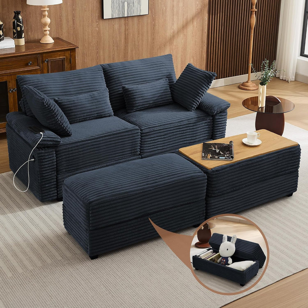 75" Corduroy Loveseat with Storage Ottoman, Cloud Deep Seat Couch with C...