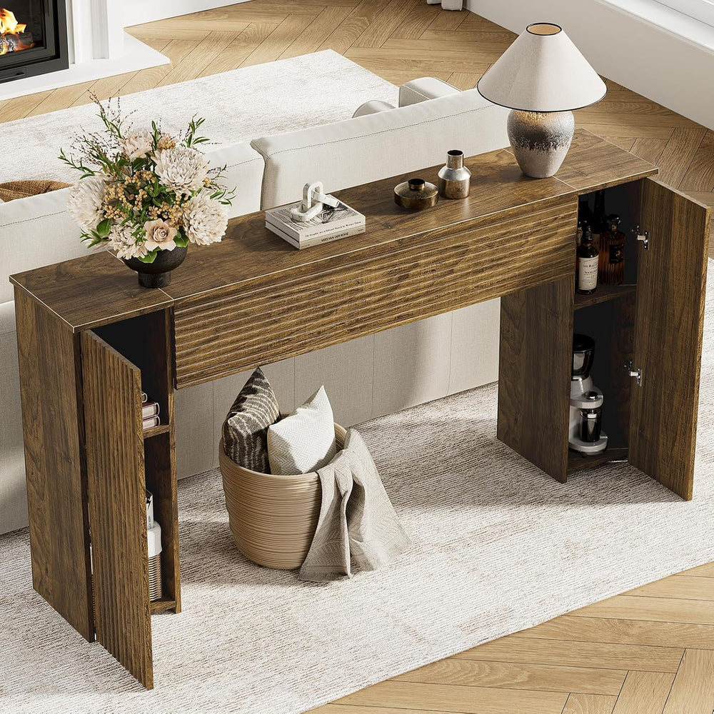 FABATO 61” Fluted Long Console Table with 2 Hidden Storage Cabinets, Brown
