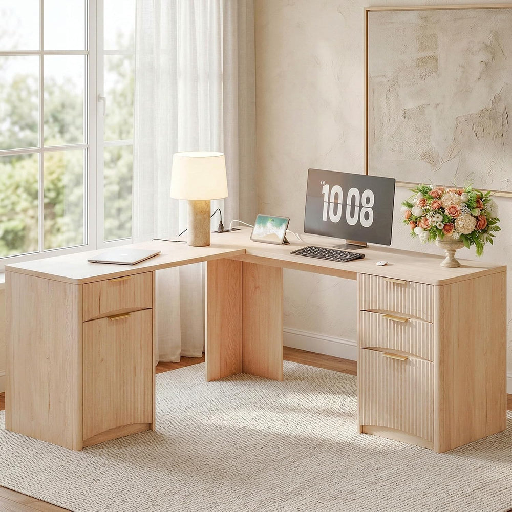 Whalefall 63'' Fluted L Shaped Desk with Drawers, Natural Oak