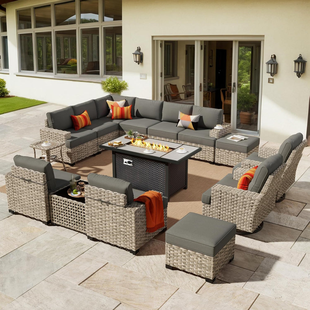 HOOOWOOO Outdoor Sectional Patio Furniture Set with Fire Pit Table,15 Pieces ...