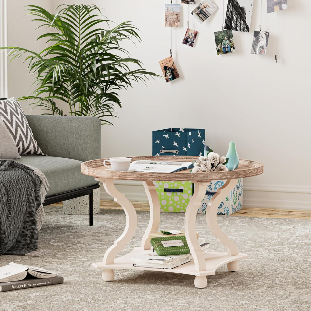 COZAYH Coffee Table - Round Farmhouse Coffee Table - Wood Tray Top, White