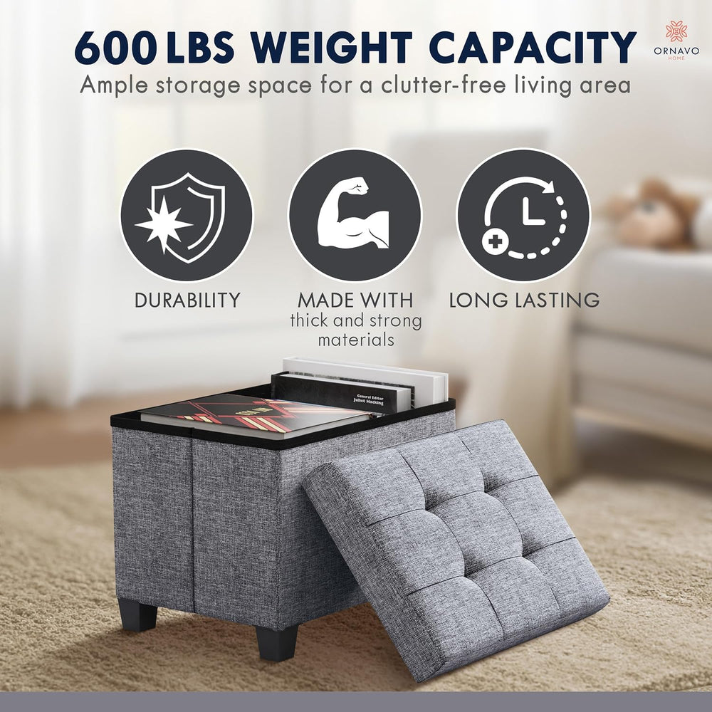 Ornavo Home Small Rectangle Storage Ottoman with Legs, 12x16x12, Gray