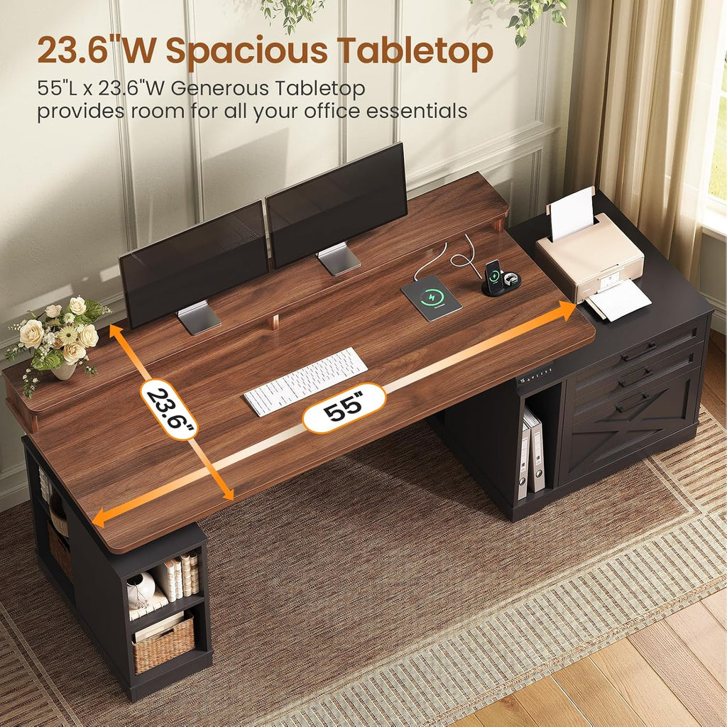 SEDETA Farmhouse Electric Standing Desk with 3 Drawers and File Cabinet