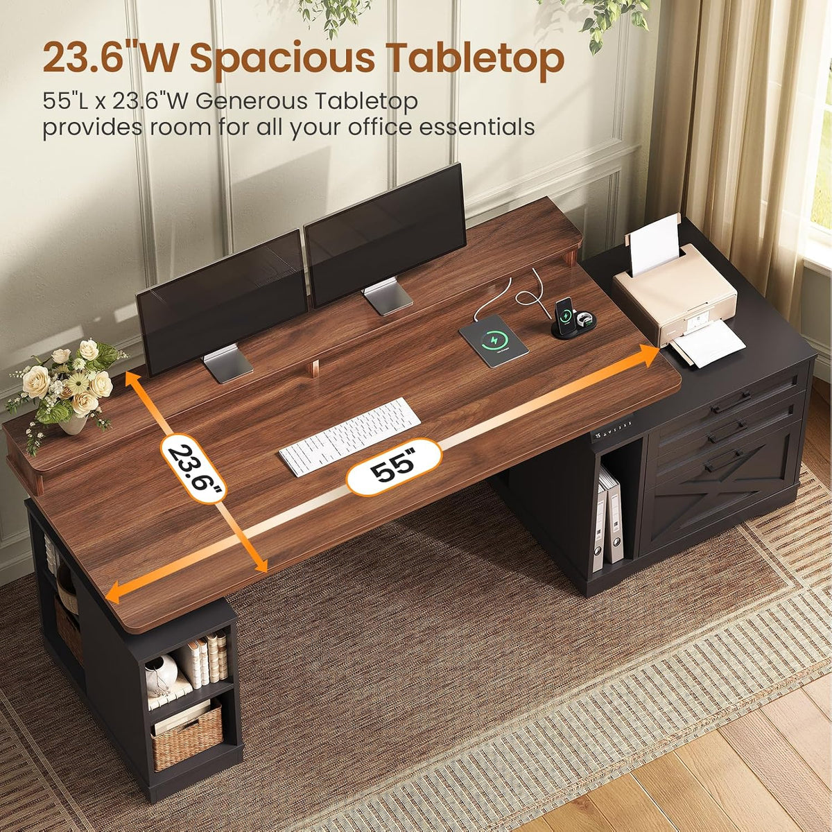 SEDETA Farmhouse Electric Standing Desk with 3 Drawers and File Cabinet