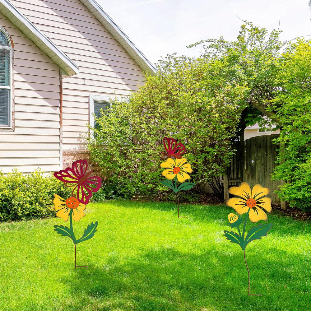 3-Pack Metal Flowers for Outside, 30-Inch Metal Yard Art