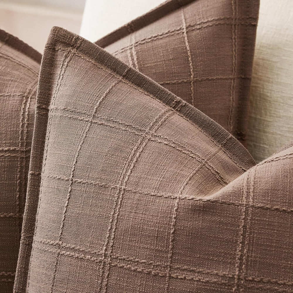 ZeeMart 2pk Check Linen Flanged Pillow Covers 24x24, Cocoa Brown